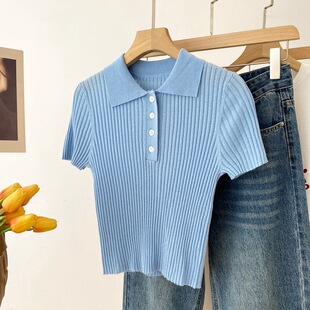 24 Years Early Autumn New Korean POLO Collar Pit Short Sleeve Knitted Sweater 16-pin CHAO Fine Wool Top A6803