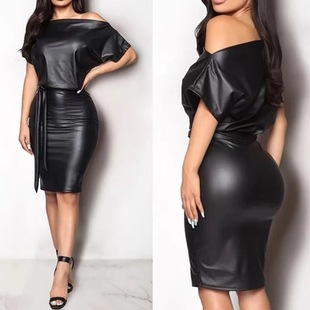 Cross-border new fashion imitation leather dress elastic diagonal collar bat wing short sleeve spot AliExpress Amazon wholesale