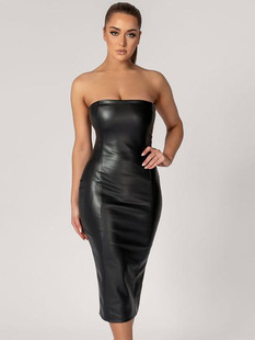 European and American Sexy Mid-length Dress Women's dress Solid Color Fashionable Elegant Slim-fit Strapless Rear Split Explosion PU Leather Dress