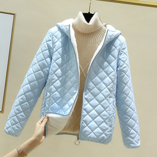 fleece-lined padded cotton-padded coat women's winter new 2024 lambskin short cotton-padded jacket solid color hooded cotton-padded jacket coat