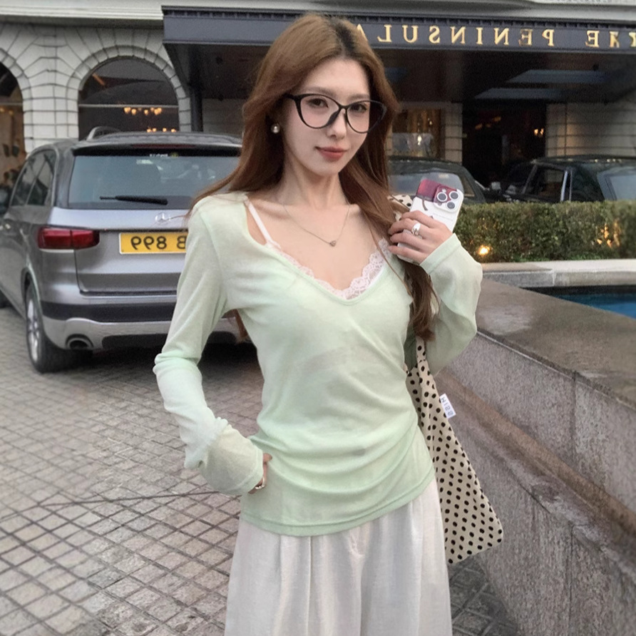 민트 맘보 스타일 그린 V 넥 긴팔 티셔츠 여성용 분위기 쌓인 게으른 캐주얼 우아한 선 스크린 블라우스 탑