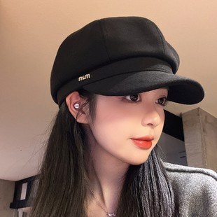 New Leather Brim Plaid Octagonal Hat Women's Travel Elegant Beret Autumn and Winter Plaid Retro Casual Newsboy Hat