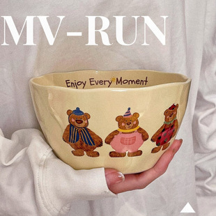 New Korean Ins Modern Three Bear Cartoon Household Thickened Ceramic Large Bowl Plate Tableware suit