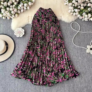 Chiffon Long Skirt Women's Autumn 2025 New Arrival Covering Elegant Large Umbrella Skirt Pleated Floral A- Line Skirt