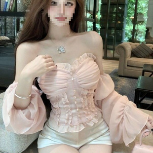 French Style Super Fairy Chiffon Shirt Shoulder Pure Desire Top Gentle Full Long Sleeve Tube Top Women's Shirt