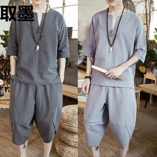 Linen Casual Pants Men's Loose Hallen Pants Chinese Style Cotton and Linen Short-sleeved Shorts suit Capri Pants Two-piece Set for Men