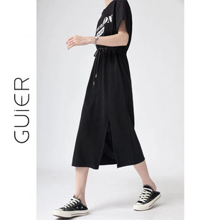 Summer Casual dress Slight Fat Girls Tight Waist Split Drawstring Slimming Flesh Covering Elegant Design Over-the-Knee Skirt
