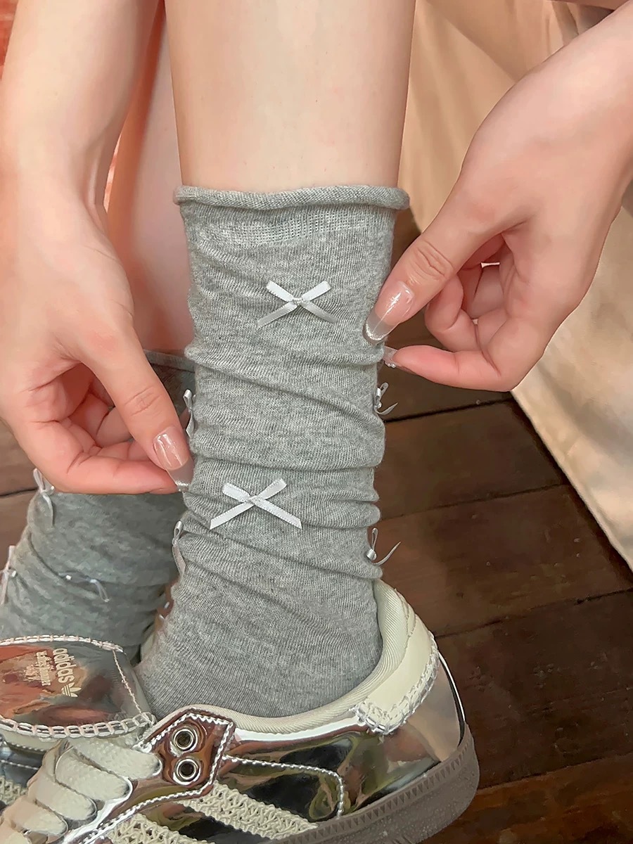 Gray Socks for Women, Summer Thin Pure Cotton Long Socks, Jk Calf Socks, Ballet Style, Sweet Bowknot Slouch Socks for Summer