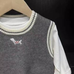 Korean Style Children's Embroidered Puppy Pattern Sweater Vest 2024 Autumn All-match Sleeveless Knitted Vest Waistcoat