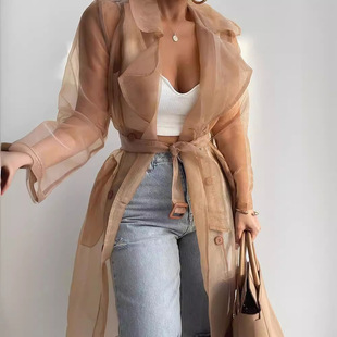 Cross-border Organza Solid Color Loose Thin Lantern Sleeve Cardigan Mid-length Shirt Jacket