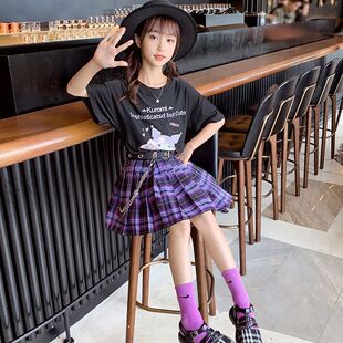 Medium and Large Children's Clothing Girls' Kuromi Short Skirt Suit 2025 New Summer Short-Sleeved T-Shirt Pleated Skirt Summer Dress