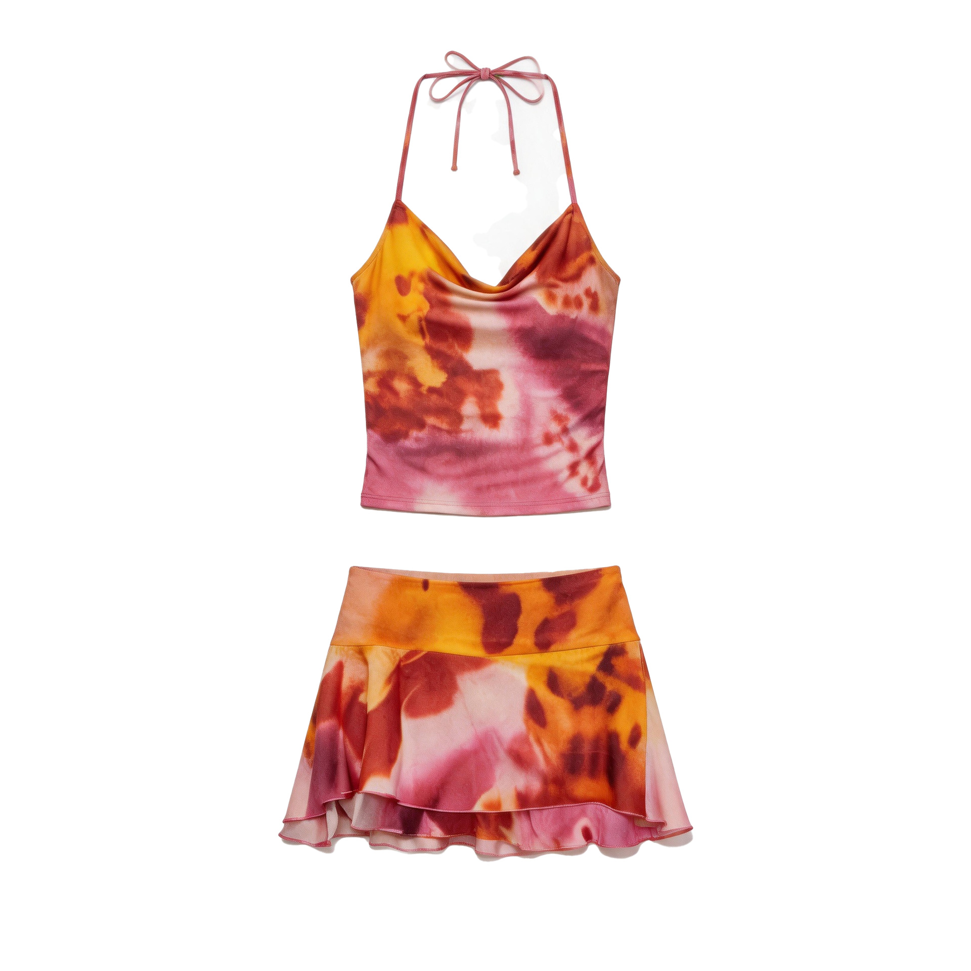 Hot Girl Style Smudged Mesh Halter Neck Set with Asymmetrical Short Skirt, Pure Desire Vacation Style Two-Piece Swimsuit