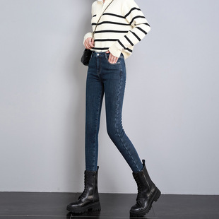 High Waist Fleece-Lined Jeans Women's Autumn and Winter 2023 Outer Wear Slim Tight Warm Feet Pencil Thickened Pants