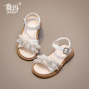 Wuma Girls Shoes Children's Sandals 2025 New Summer Little Girl Pearl Flat Middle and Big Kids Fashion Princess Shoes
