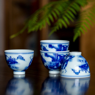 Kangxi Landscape Master Cup Kung Fu Tea Set Single Tasting Cup Tea Cup Ceramic Universal Small Tea Bowl Antique Blue and White Porcelain