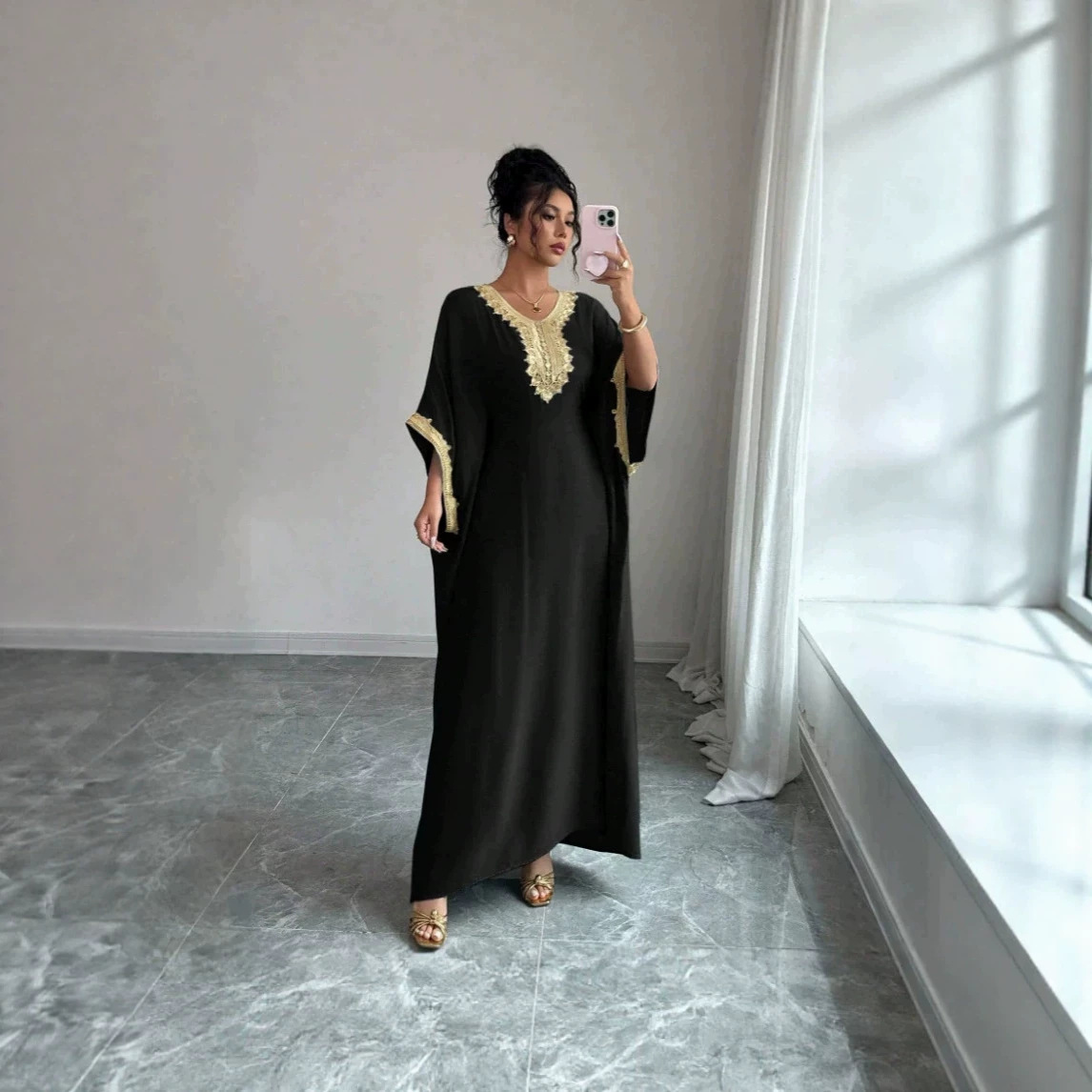 V-Neck Gold Embroidered Batwing Sleeve Long Dress with a Long Overlay