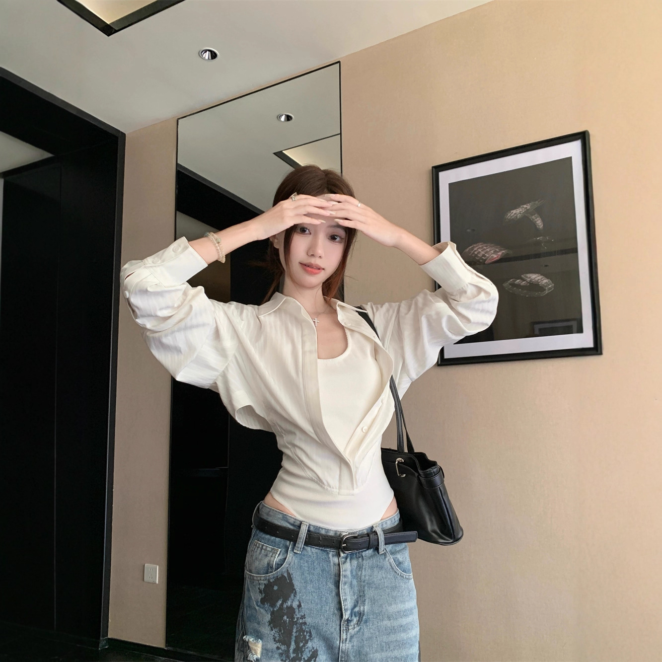 Pure Desire Two-Piece Long-Sleeve Shirt for Women, French Design, Thin Style, Waist-Cinching Polo Collar Top, Autumn 86422