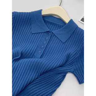 French Blue Polo Collar Shoulder Short-Sleeved T-Shirt Women's Summer Slim-Fit Slimming Sweater Western Style Unique Chic Top