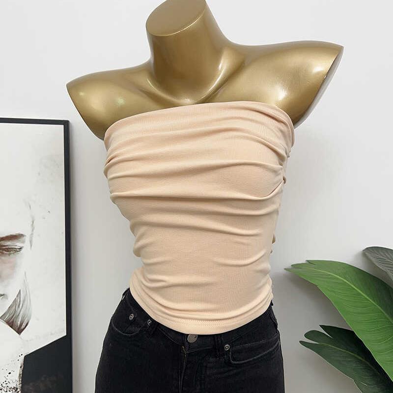 Trendy Off-Shoulder Slim-Fit Ruched Bandeau Crop Top with a Youthful and Sexy Vibe