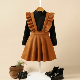 Baopi Korean style autumn and winter children's clothing Golden style knitted bottoming shirt suede strap skirt waist bag three-piece set for girls