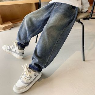 Boys' one-piece velvet jeans 2023 new children's autumn and winter trousers boys' thick pants boys' fleece-lined pants