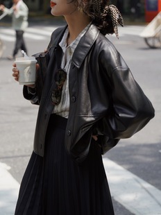 "Sketch Workshop" Spring New Black Leather Women's Retro Loose Short Leather Jacket Coat Women