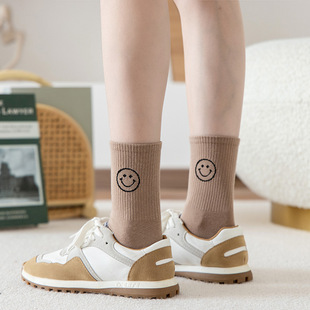 Autumn and Winter new high-top smiley face mid-calf socks women's cotton cute fashion black and white jk Korean style street ins fashion