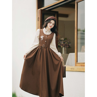 Real shot retro art academy style double-layer plaid vest dress long sleeve doll collar shirt dress