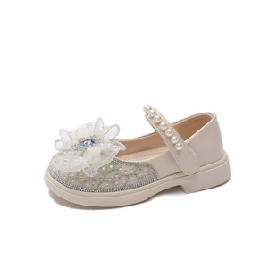 Girls Leather Shoes Rhinestone Fashion Princess Shoes 2024 New Arrival Bow Children's Shoes Soft Sole Girls Crystal Shoes