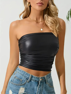 European and American Cross-border Women's Nightclub Sexy Wrap Chest Short Slim-fit Slimming Strapless PU Leather Strapless Vest Top