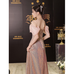 Pink evening dress women's high-end banquet elegant socialite annual meeting host high-end light luxury princess style sequined dress