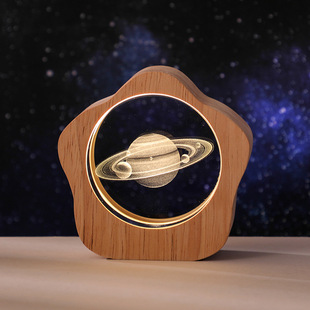 Cross-border wooden luminous base 3d carved crystal night light galaxy solar system creative desktop ornaments birthday gift