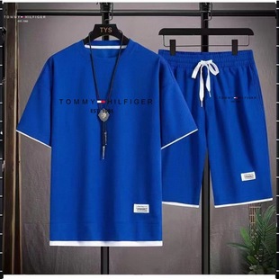 New Hong Kong Style Men's Wafflesque Sports suit Casual T-shirt Five-point Pants Two-piece Set Fashion Fake Two-piece Men