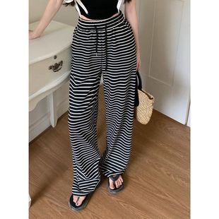 Hot Girl Striped Drawstring Dagging Casual Pants Women's Summer Korean Style Straight Pants Loose High Waist Wide Leg Pants