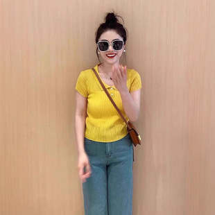 Red Polo Shirt Short-sleeved Knitted Top Women's Summer Thin Short Slim-fit Slimming Lapp Shoulder T-shirt