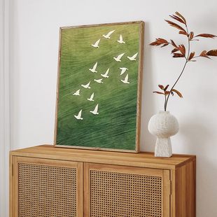 Prairie Bird French Retro Green Plant Large Art Hanging Painting Bedroom Abstract Antique Decorative Painting Core