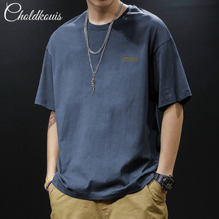200g pure cotton heavy summer American small neckline short sleeve T-shirt men's solid color thick impermeable loose plus size tide