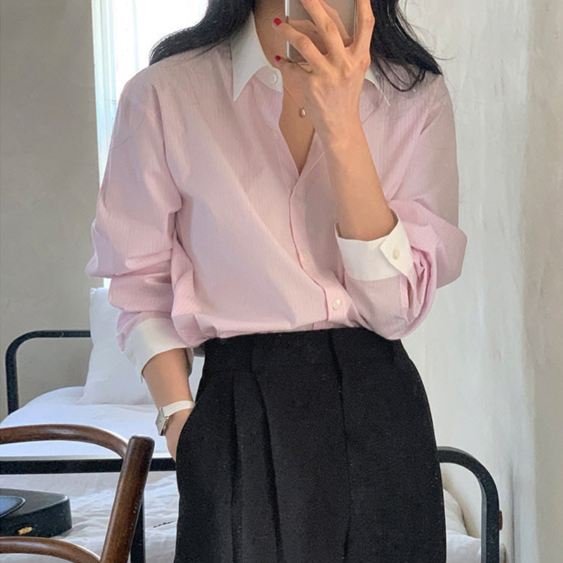 한국 세련된 봄 틈새 우아한 컬러 옷깃 느슨한 캐주얼 올 매치 긴 소매 줄무늬 셔츠 탑