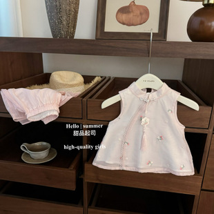 [dessert cheese] pink cherry! Baby Girl's New Chinese Style Sweet Embroidered Vest Straight Leg Pants suit