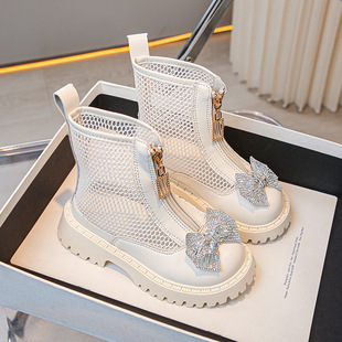 Girls' Boots 2024 Summer New Breathable Soft Bottom British Style Mesh Hollow Princess Ankle Boots Children's Martin Boots