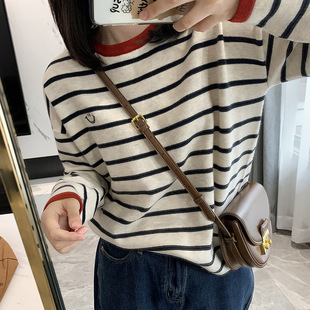 Black and White Striped Smiley Face Raccoon Velvet Pullover Sweater Women's Autumn and Winter Outer Wear Soft Waxy Cashmere Sweater Lazy Style Top