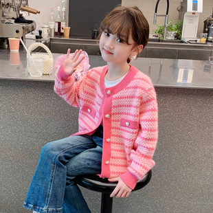 Girls' Autumn 2024 New Western Style Big Children's Cardigan Sweater Knitwear Top Girls' Spring and Autumn Children's Coat