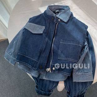 Boys' fleece-lined Shirt Autumn and Winter 2024 Korean Style Western Style Children's Wear Fashionable Thickened Top Cool Handsome Children's Striped Jacket