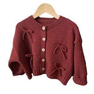 South Korea children's clothing 2024 autumn and winter new girls' bow sweater coat baby sweet knitted cardigan top