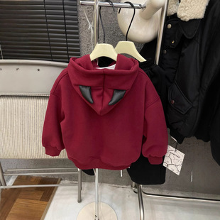 Children's Cute Horn Monster Devil Horn fleece-lined Hooded Sweater One-piece Velvet Hoodie 2024 Winter New Boys