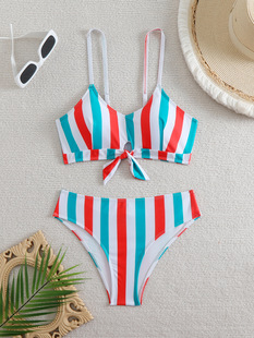 Wholesale European and American foreign trade Amazon swimsuit striped high waist bow bikini split swimsuit female bikini