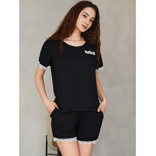 Cross-border European and American trade solid color Modal cotton plus size pajamas women's lace stitching can wear sexy home clothes summer