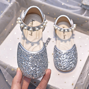 2024 Summer new children's shoes girls' Princess sandals shiny Pearl Rhinestone children's closed toe half sandals