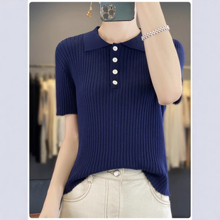 24 Summer New Tencel Lyocell POLO Collar Knitted Shirt Short-sleeved T-shirt Women's Stripping Button Joker Top