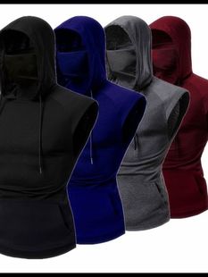 wish Amazon AliExpress popular men's daily workout clothes hooded with mask solid color sleeveless sports T-shirt
